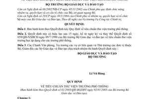 Quyết định 01/2003/QĐ-BGDĐT  tiêu chuẩn thư viện trường phổ thông