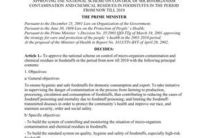 Decision No. 28/QD-TTg of January 6, 2003, approving the national scheme on control of micro-organism contamination and chemical residues in foodstuffs in the period from now till 2010
