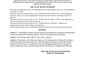 Decision No. 24/2003/QD-NHNN of January 7, 2003, promulgating the regulation on opening and termination of operation of branches and representative offices of non-bank credit institutions
