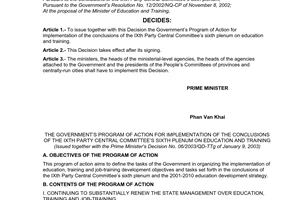 Decision No. 06/2003/QD-TTg of January 9, 2003, on the governments program of action for implementation of the conclusions of the IXth party central committees sixth plenum on education and training