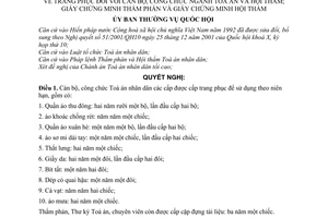 Nghị quyết 221/2003/NQ-UBTVQH11 trang phục đối với cán bộ, công chức ngành toà án và Hội thẩm, giấy chứng minh Thẩm phán và giấy chứng minh Hội thẩm