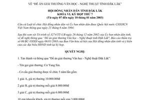 Nghị quyết 07/2003/NQ-HĐ6 Đề án giải thưởng Văn học nghệ thuật Đắk Lắk
