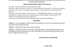 Decision No. 42/2003/QD-NHNN of January 13, 2003, on the program of action for international economic integration in the banking domain