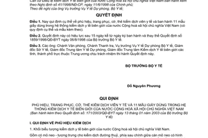 Quyết định 171/2003/QĐ-BYT phù hiệu, trang phục, cờ, thẻ kiểm dịch viên y tế 11 mẫu giấy dùng trong hệ thống kiểm dịch y tế biên giới Việt Nam