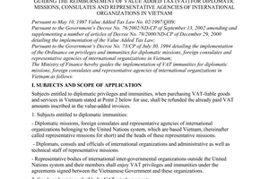 Circular No. 08/2003/TT-BTC of January 15, 2003, guiding the reimbursement of value added tax (VAT) for diplomatic missions, consulates and representative agencies of international organizations in Vietnam