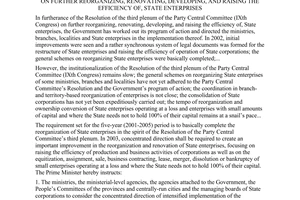 Dirrective No. 01/2003/CT-TTg of January 16, 2003, on further reorganizing, renovating, developing, and raising the efficiency of, state enterprises