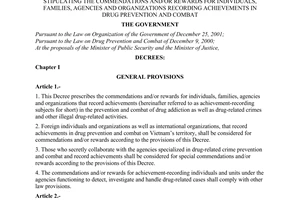 Decree No. 04/2003/ND-CP of January 16, 2003, stipulating the commendations and/or rewards for individuals, families, agencies and organizations recording achievements in drug prevention and combat