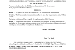 Decision No. 13/2003/QD-TTg of January 17, 2003, approving the 2003-2007 program on law dissemination and education
