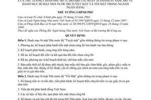 Quyết định 15/2003/QĐ-TTg danh mục bí mật Nhà nước độ tuyệt tối mật trong ngành ngân hàng