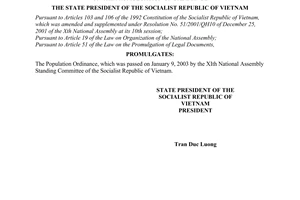 Order No. 01/2003/L-CTN of January 22, 2003, on the promulgation of ordinance