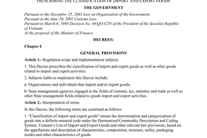 Decree No. 06/2003/ND-CP of January 22, 2003, prescribing the classification of import and export goods