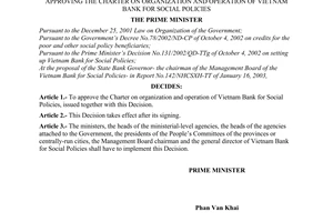 Decision No. 16/2003/QD-TTg of January 22, 2003, approving the charter on organization and operation of Vietnam bank for social policies