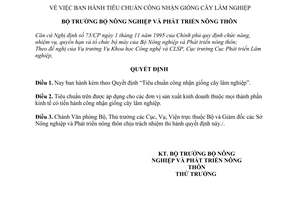 Quyết định 188/QĐ-BNN  Tiêu chuẩn công nhận giống cây lâm nghiệp