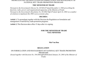 Decision No. 104/2003/QD-BTM of January 24, 2003, promulgating the regulation on formulation and management of national key trade-promotion programs