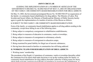 Joint circular No.01/2003/TTLT-BLDTBXH-BYT-BCA, passed by the Ministry of Health, the Ministry of Labor, War Invalids and Social Affairs, the Ministry of Public Security, on guiding the implementation of a number of articles of the Government’s Decree No. 56/2002/ND-CP of May 15, 2002 on organization of the family- or community-based rehabilitation for drug addicts
