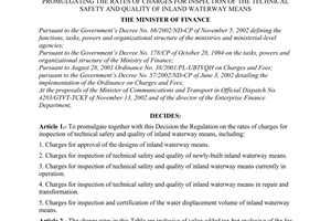 Decision No. 11/2003/QD-BTC of January 24, 2003, promulgating the rates of charges for inspection of the technical safety and quality of inland waterway means