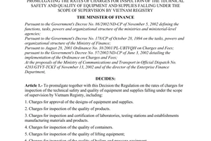 Decision No. 12/2003/QD-BTC of January 24, 2003, promulgating the rates of charges for inspection of the technical safety and quality of equipment and supplies falling under the scope of supervision by Vietnam registry
