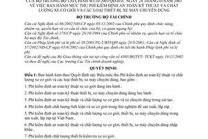 Quyết định 10/2003/QĐ-BTC mức thu phí kiểm định an toàn ký thuật chất lượng xe cơ giới thiết bị, xe máy chuyên dùng