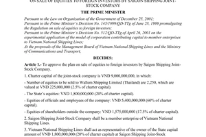 Decision No. 116/QD-TTg of January 27, 2003, on sale of equities to foreign investors by Saigon shipping joint-stock company