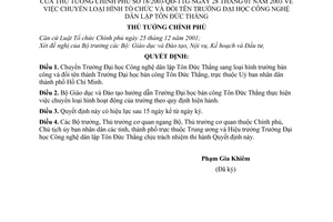 Quyết định 18/2003/QĐ-TTg chuyển loại hình tổ chức đổi tên trường Đại học Công nghệ dân lập Tôn Đức Thắng