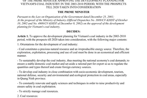 Decision No. 20/2003/QD-TTg of January 29, 2003, of the prime minister approving the development planning for Vietnam's coal industry in the 2003-2010 period, with the prospects till 2020 taken into consideration