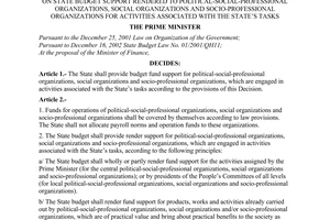 Decision No. 21/2003/QD-TTg of January 29, 2003, on state budget support rendered to political-social-professional organizations, social organizations and socio-professional organizations for activities associated with the states tasks