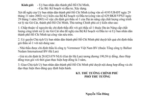 Công văn  164/CP-CN chỉ định thầu gói thầu số 1 Dự án Nâng cấp chất lượng công trường xử lý rác Gò Cát TP Hồ Chí Minh