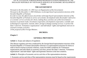 Decree No. 08/2003/ND-CP of February 10, 2003, on activities of foreign-based representations missions of the Socialist Republic of Vietnam in service of economic development tasks