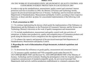 Directive No. 02/2003/CT-BKHCN of February 12, 2003, on the work of standardization, measurement, quality control and consumers' interest protection in localities in 2003