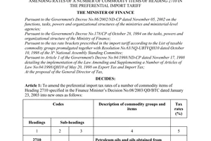 Decision No. 20/2003/QD-BTC of February 17 , 2003, amending  tax rates of a number of commodity items of heading 2710 in the preferential import tariff