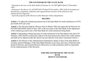 Decision No. 131/2003/QD-NHNN of February 17, 2003, on the adjustment of the refinancing interest rate of the State Bank for credit institutions being banks