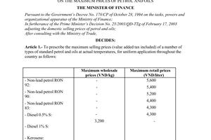 Decision No. 21/2003/QD-BTC of February 18, 2003, on the maximum prices of petrol and oils
