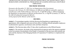 Decision No. 27/2003/QD-TTg of February 19, 2003, promulgating the regulation on appointment, re-appointment, shift, resignation and removal from office of leading officials and public employees