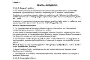 Decree No. 13/2003/ND-CP of February 19, 2003, prescribing the list of dangerous goods and the land-road transport of dangerous goods