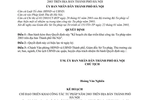 Quyết định 31/2003/QĐ-UB Kế hoạch chỉ đạo triển khai công tác Tư pháp năm 2003 địa bàn Thành phố Hà Nội