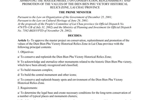 Decision No. 225/QD-TTg of February 26, 2003, approving the master project on conservation, replenishment and promotion of the values of the Dien Bien Phu victory historical relics zone, Lai Chau province