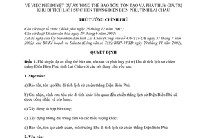 Quyết định 225-QĐ-TTg  dự án bảo tồn tôn tạo khu di tích lịch sử chiến thắng Điện Biên Phủ, tỉnh Lai Châu