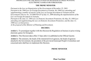 Decision No. 32/2003/QD-TTg of February 27, 2003, promulgating the regulation on business in prize-winning electronic games for foreigners