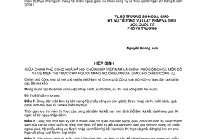 Hiệp định miễn thị thực cho người mang hộ chiếu ngoại giao công vụ giữa Việt Nam Môn-đô-va 2003