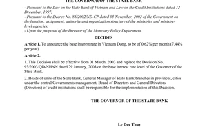 Decision No. 170/2003/QD-NHNN of February 28, 2003, on the announcement of the base interest rate in Vietnam dong