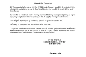 Công văn 1826 BKH/CK phương án cấp tín dụng bằng hàng hoá của Việt Nam cho Lào