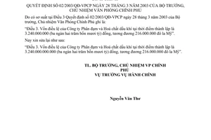 Công văn 1553/VPCP-DK đính chính QĐ 02/2003/QĐ-VPCP