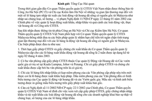 Công văn 343/KL-VP CITES phối hợp thực thi NĐ 11/2002/NĐ-CP