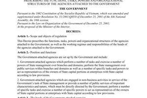 Decree of Government No. 30/2003/ND-CP, prescribing the functions, tasks, powers and organizational structures of the agencies attached to the Government
