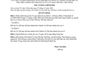 Quyết định 43/2003/QĐ-TTg điều chỉnh tên gọi hai Vụ Uỷ ban Thể dục thể thao