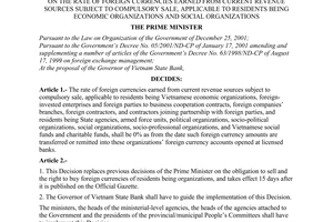 Decision No. 46/2003/QD-TTg, on the rate of foreign currencies earned from current revenue sources subject to compulsory sale, applicable to residents being economic organizations and social organizations, promulgated by the Prime Minister of Government