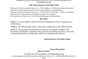 Decision No.10/2003/QD-BXD of the Ministry of Construction, promulgating the Regulation on the use management of condominiums.
