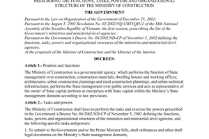 Decree of Government No. 36/2003/ND-CP of April 4, 2003 prescribing the functions, tasks, powers and organizational structure of The Ministry Of Construction