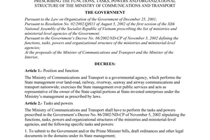 Decree of Government No. 34/2003/ND-CP of April 4, 2003 prescribing the functions, tasks, powers and organizational structure of The Ministry of Communications and Transport