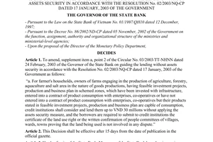 Decision No. 312/2003/QD-NHNN of April 4, 2003, on the amendment, supplement of item a, point 2 of the Circular No. 03/2003/TT-NHNN dated 24 February, 2003 guiding the lending without assets security in accordance with the Resolution No. 02/2003/NQ-CP dated 17 January, 2003 of the Government